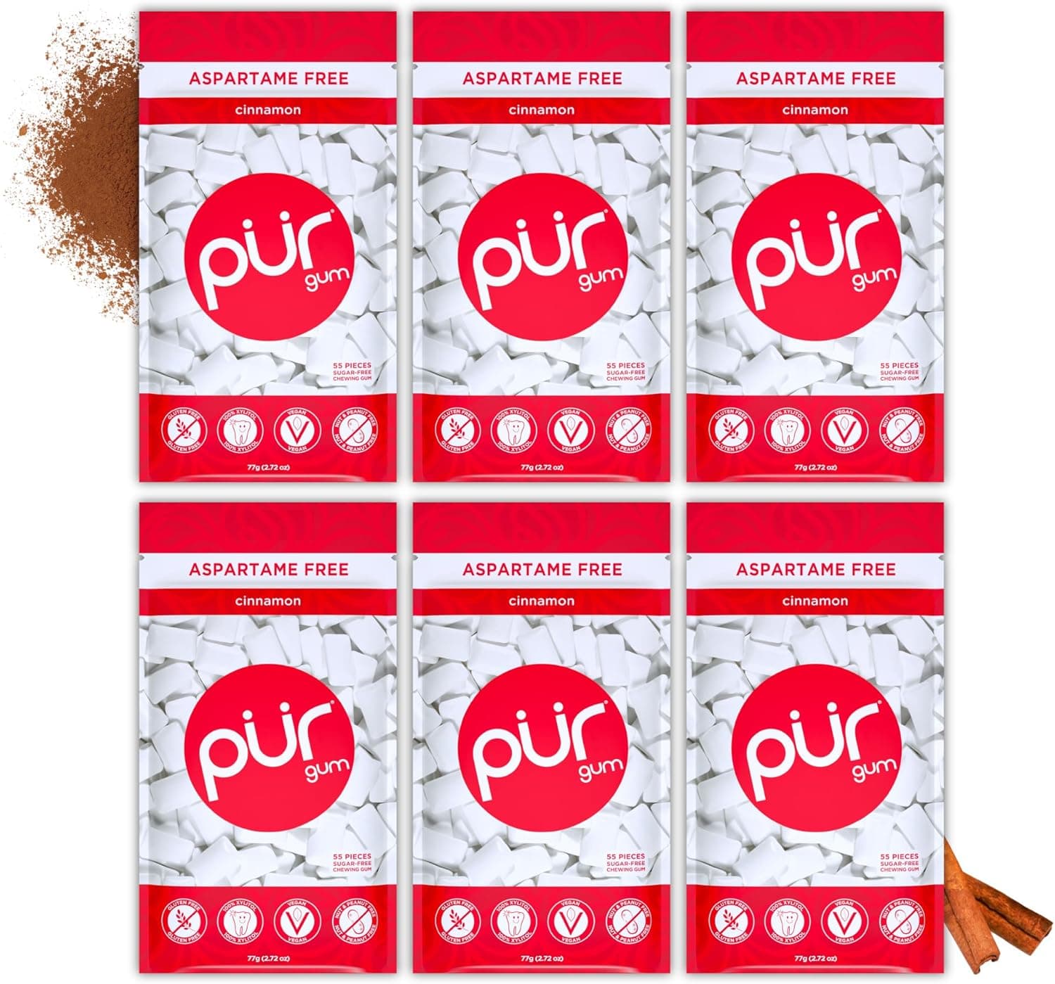 PUR Gum Chiclete sem açúcar | com Xilitol, vegano, sem aspartamo e sem glúten, pastilha natural com sabor a cinnamon, 55 peças, embalagem de 6 unidades