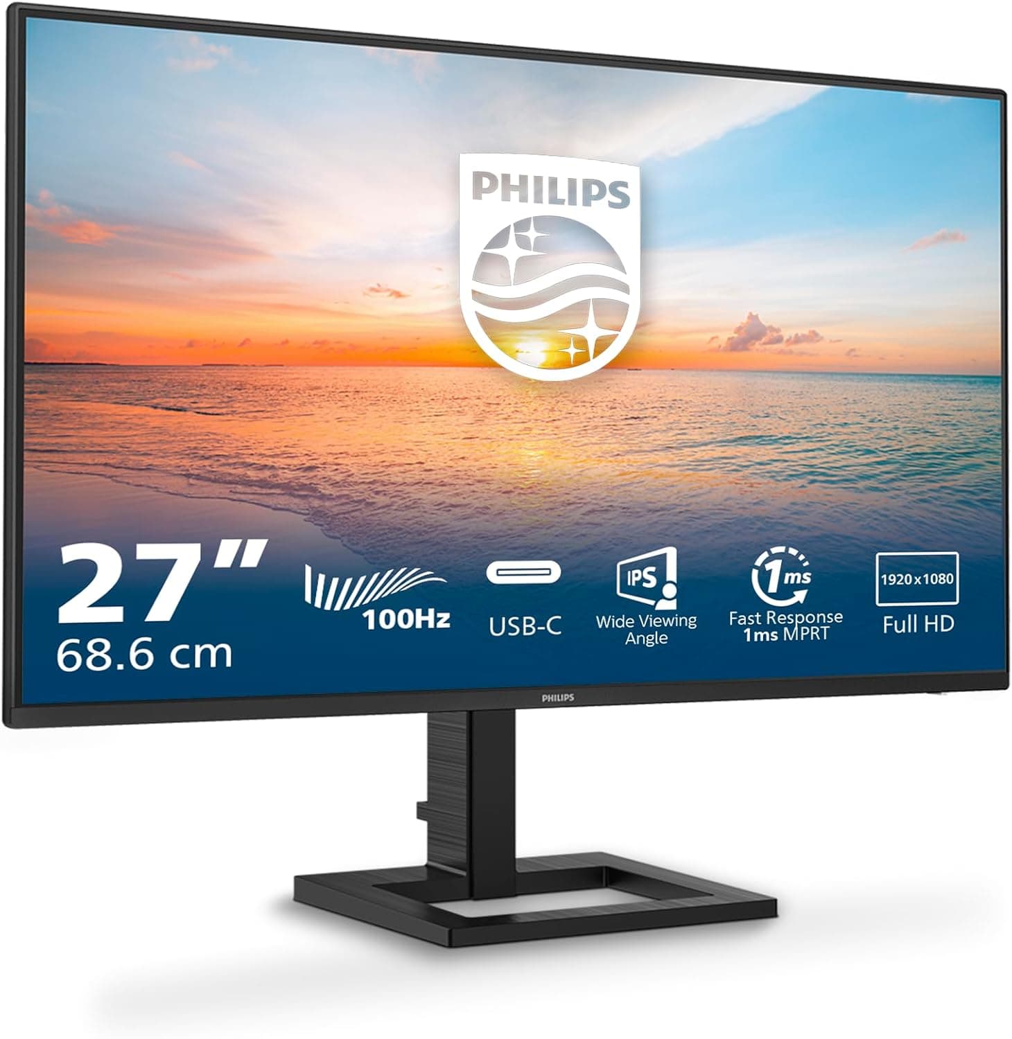 Philips 27E1N1300AM Monitor FHD de 27 polegadas, altura regulável, altifalantes (1920x1080, 100 Hz, HDMI, USB-C (65W Power Delivery), hub USB) preto