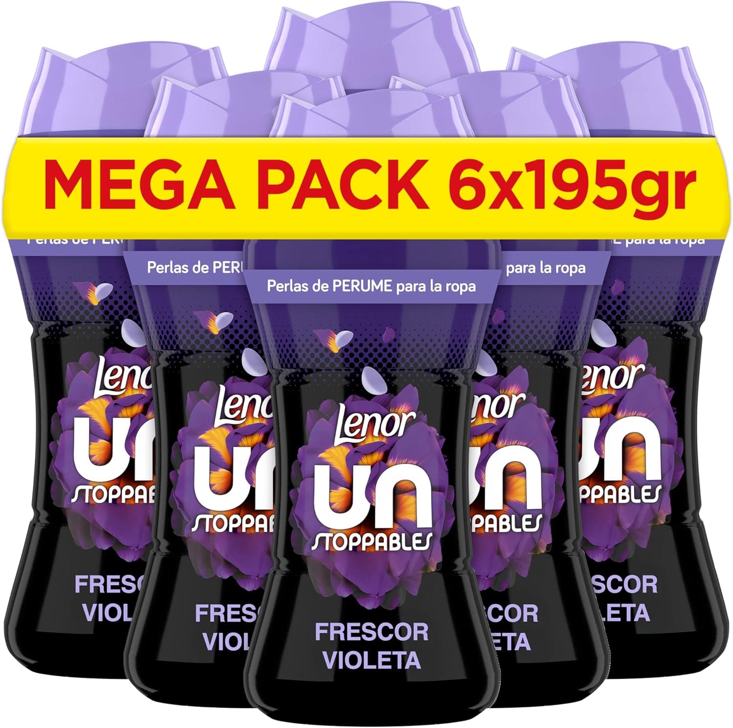 Lenor UNstoppables Pérolas de perfume para roupas, 96 lavagens (6 x 195 g), suavizante com fragrância, violeta fresca, potenciador de frescura