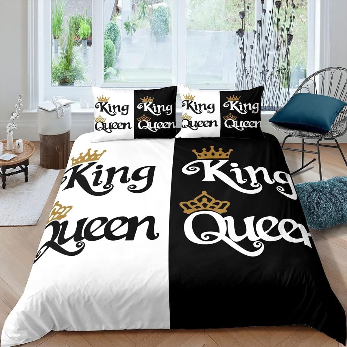 Homewish King and Queen | Conjunto de capa de edredão preto e branco em microfibra 140x200 cm para casal, 2 peças