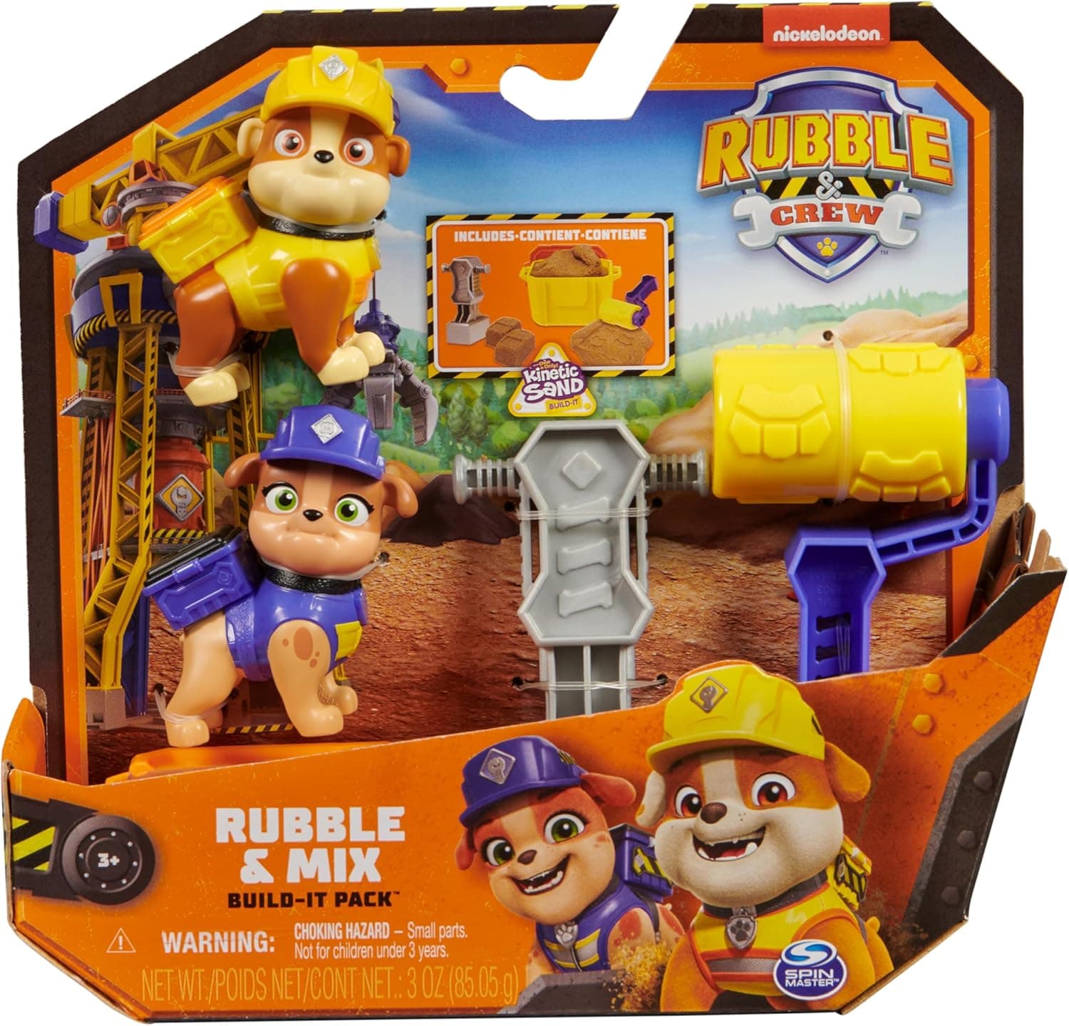 RUBBLE & CREW - PACK Figuras RUBBLE E MIX Areia mágica KINETIC SAND acessórios construção - Patrulha Canina brinquedos - Jogos Infantis - 6066686 - Brinquedos crianças 3 anos +