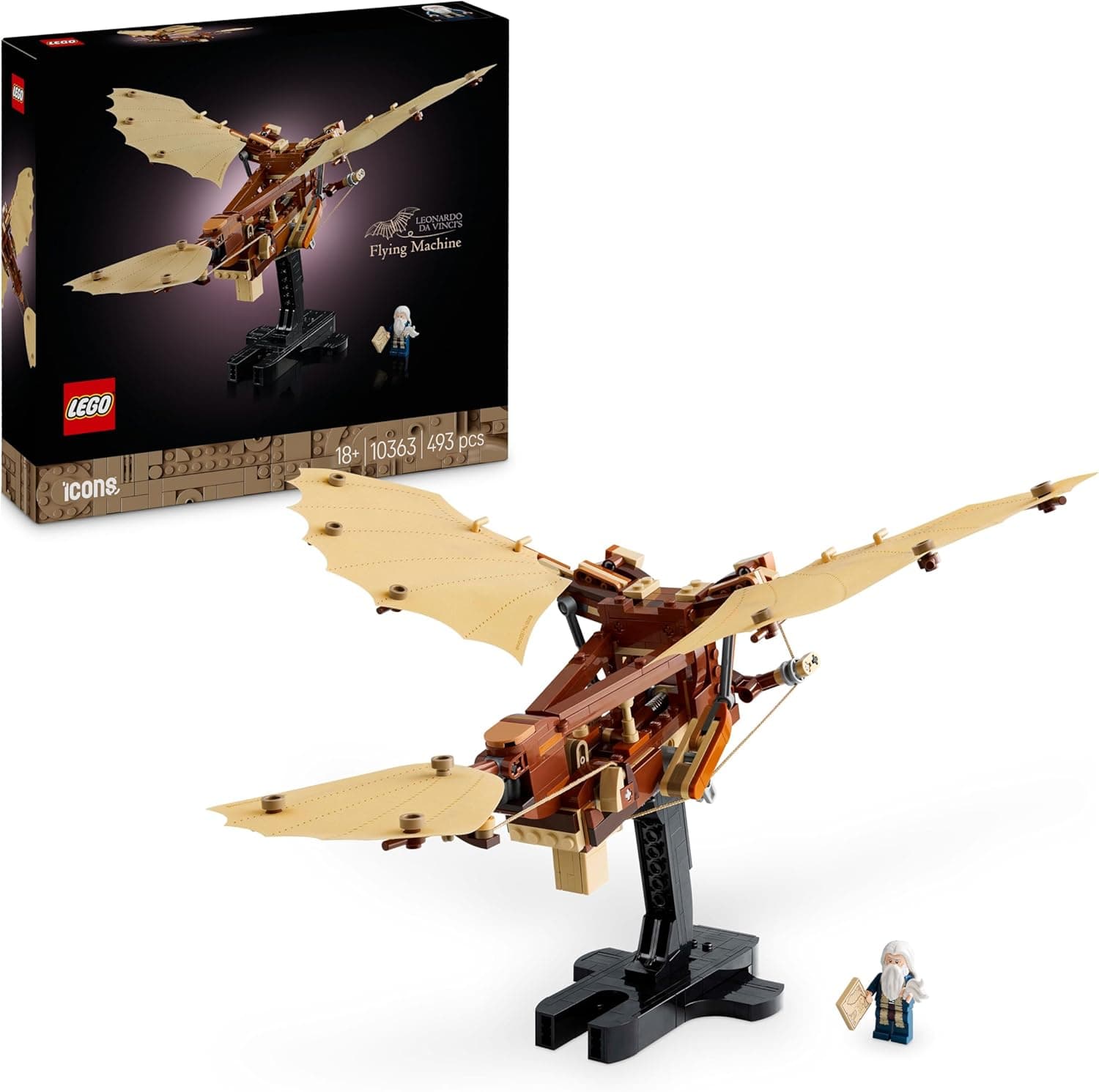 LEGO Icons Máquina voadora de Leonardo da Vinci Maquete para adultos de Ornitopter, presentes para homens e mulheres amantes da história e trabalhos manuais, decoração de sala e quarto 10363