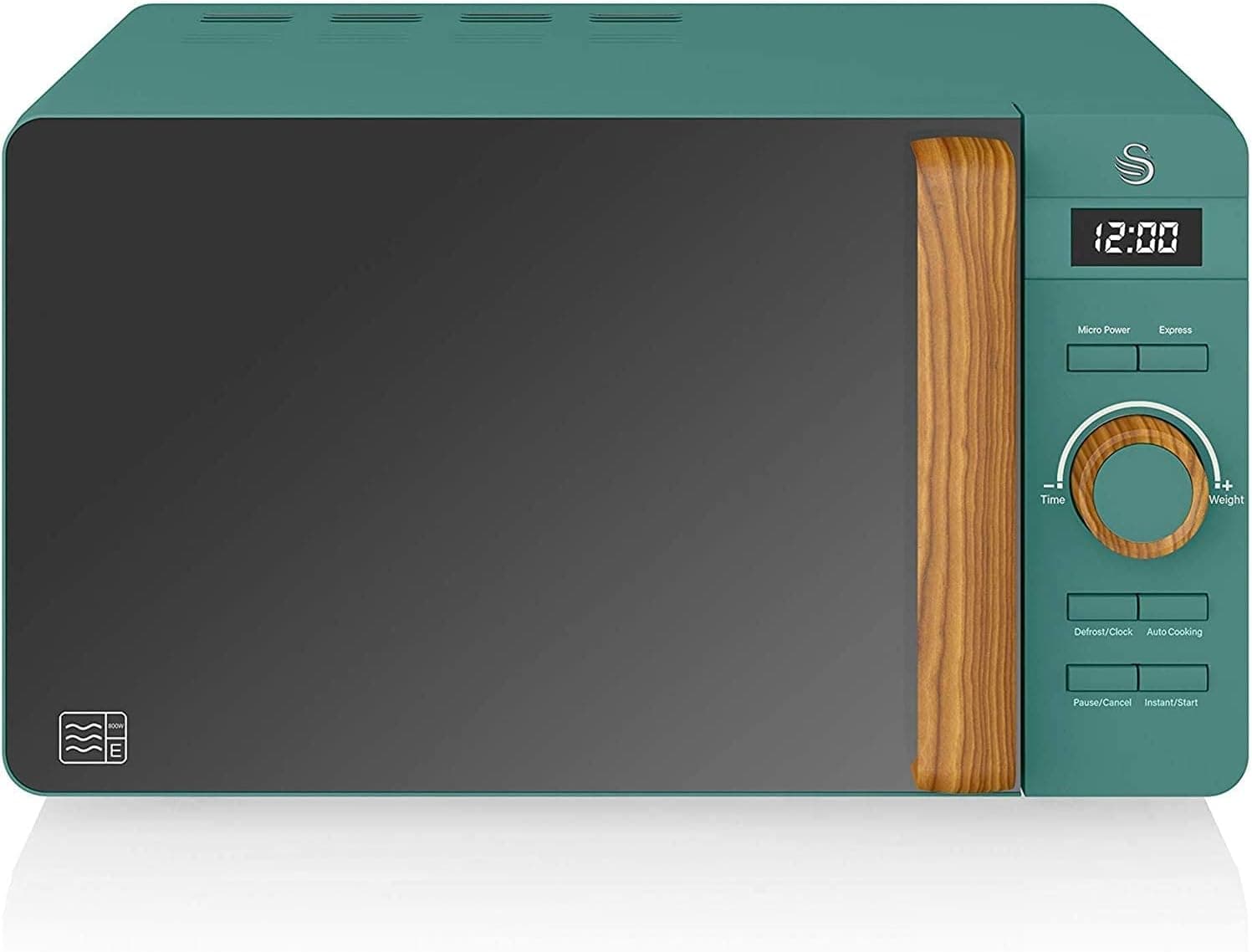 Swan Nordic Microondas digital 20 L, 6 níveis de funcionamento, potência de 800 W, temporizador de 30 min, fácil de limpar, modo descongelar, design moderno, atirador efeito de madeira, verde mate