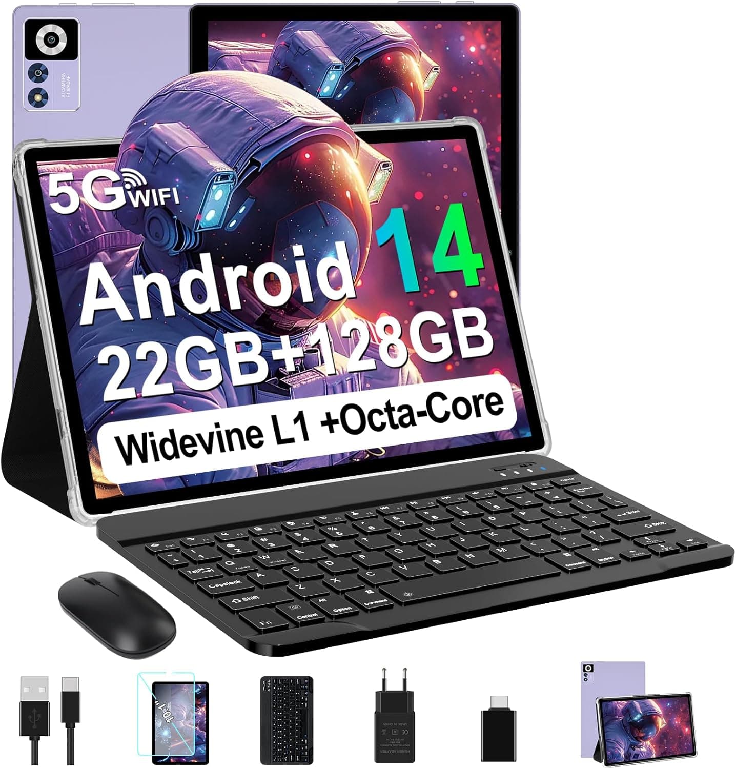 ZIOVO Android 14 Tablet de 10 polegadas, 22 GB RAM+128 GB ROM (TF 1TB), 5G WiFi, Widevine L1/Octa-Core/2,0 GHz/8000 mAh/corpo metálico/8 5 MP/ Tablet 2 em 1 com Teclado e R. Atão - violeta