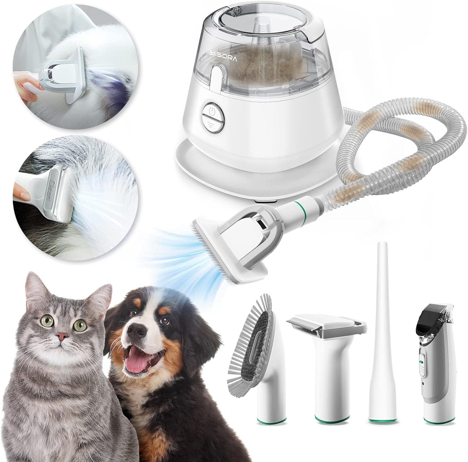 YISORA Corta-pelos cães com aspirador de pelo animal Set, cortador de pelos de animais, máquina de corte silenciosa para cães e gatos e outras 5 ferramentas de higiene pessoal