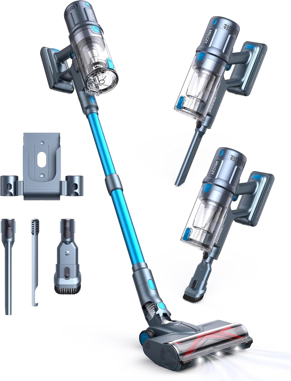 MIUZZY 45kPa Aspiradora sin Cable, Escoba Aspiradora con Autonomía de 60Min y Carga Rápida de 2,5H, Modo Alfombra Exclusivo, Capacidad de 1,5L, De Pie Autónomo, Ideal para Suelos, Alfombras y Cabello