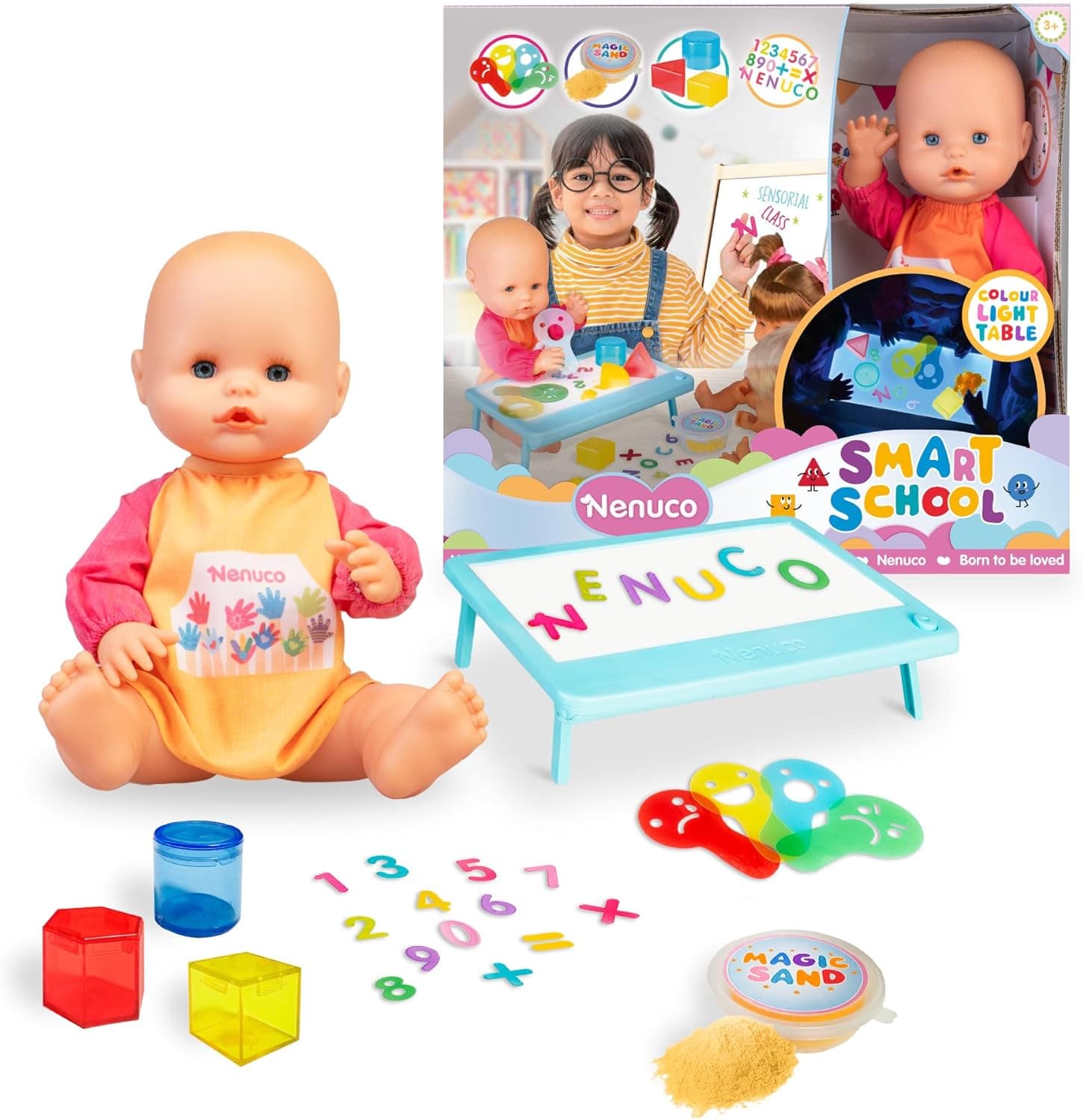 NENUCO Smart School, boneca bebé de 35 cm e corpo rígido com bebé de colégio, inclui mesa de luz multicor e acessórios translúcidos, Cole sensorial para brincar em casa, 3 anos, famosa (NFN97000)