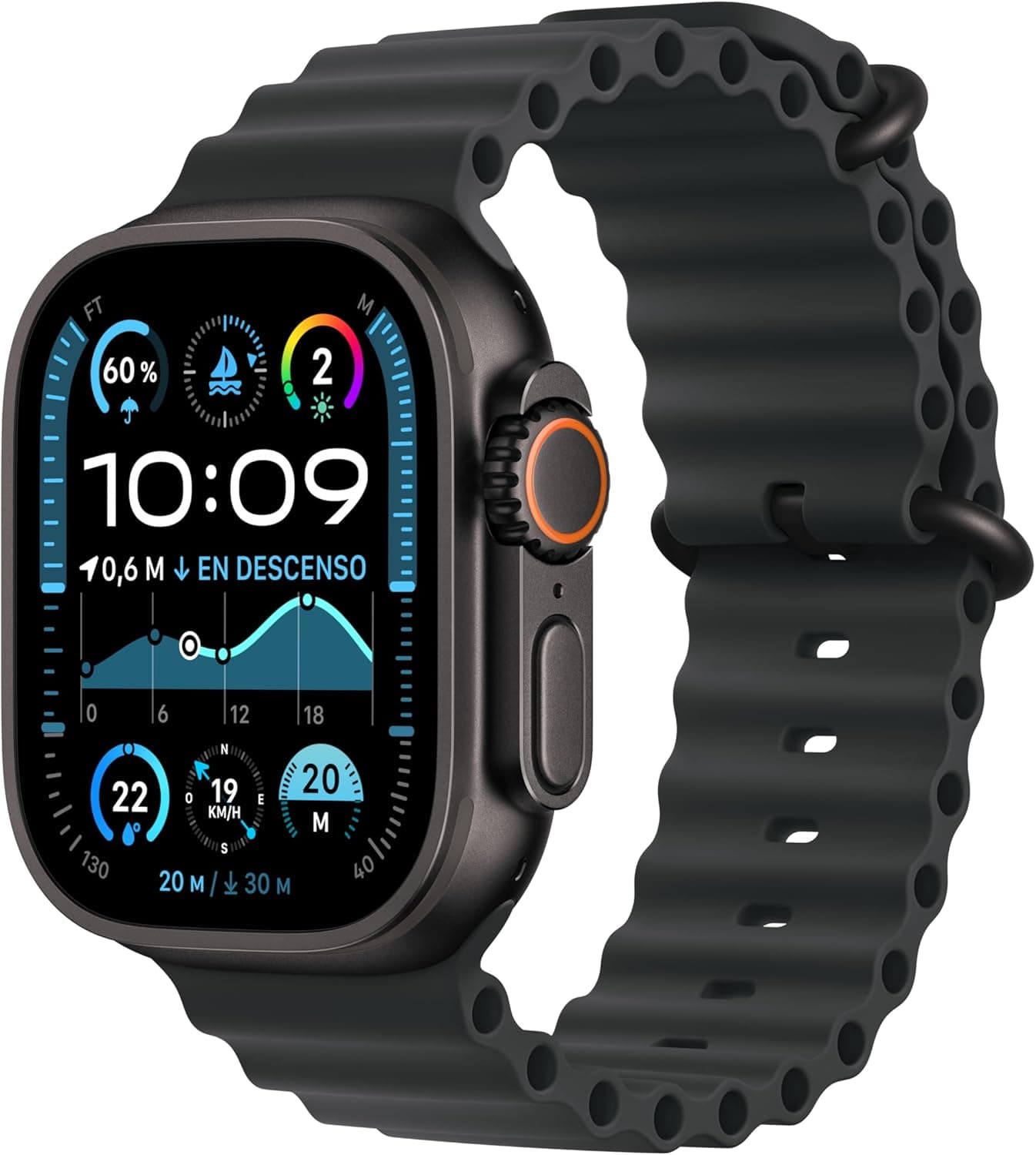 Apple Watch Ultra 2 GPS Cellular Smartwatch, relógio desportivo com caixa de titânio preto resistente de 49 mm e bracelete Ocean preta. Monitor de treino, GPS de alta precisão e ecrã Retina brilhante
