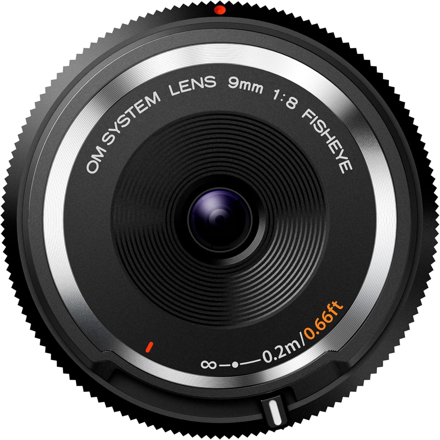 Om System Tampa do corpo, tampa do alvo 9 mm 1:8,0 olho de peixe, adequado para todas as câmaras MFT Olympus OM-D, Pen, Panasonic, preto