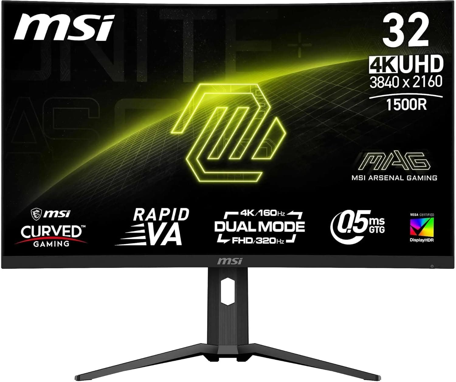 MSI MAG 321CUPDF | Monitor Gaming curvo de 32'' UHD 4K com painel Rapid VA, 160 Hz, 0,5 ms, Adaptive Sync, DisplayHDR 400, HDMI 2.1, USB-C PD 15 W e tecnologia AI Vision