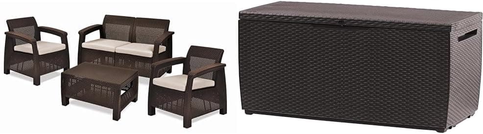 Keter Corfu Conjunto de jardim exterior de 4 lugares e mesa com almofadas incluídas, resina com acabamento em vime plano, castanho e capri - arco exterior, baú de armazenamento, capacidade 305 L,
