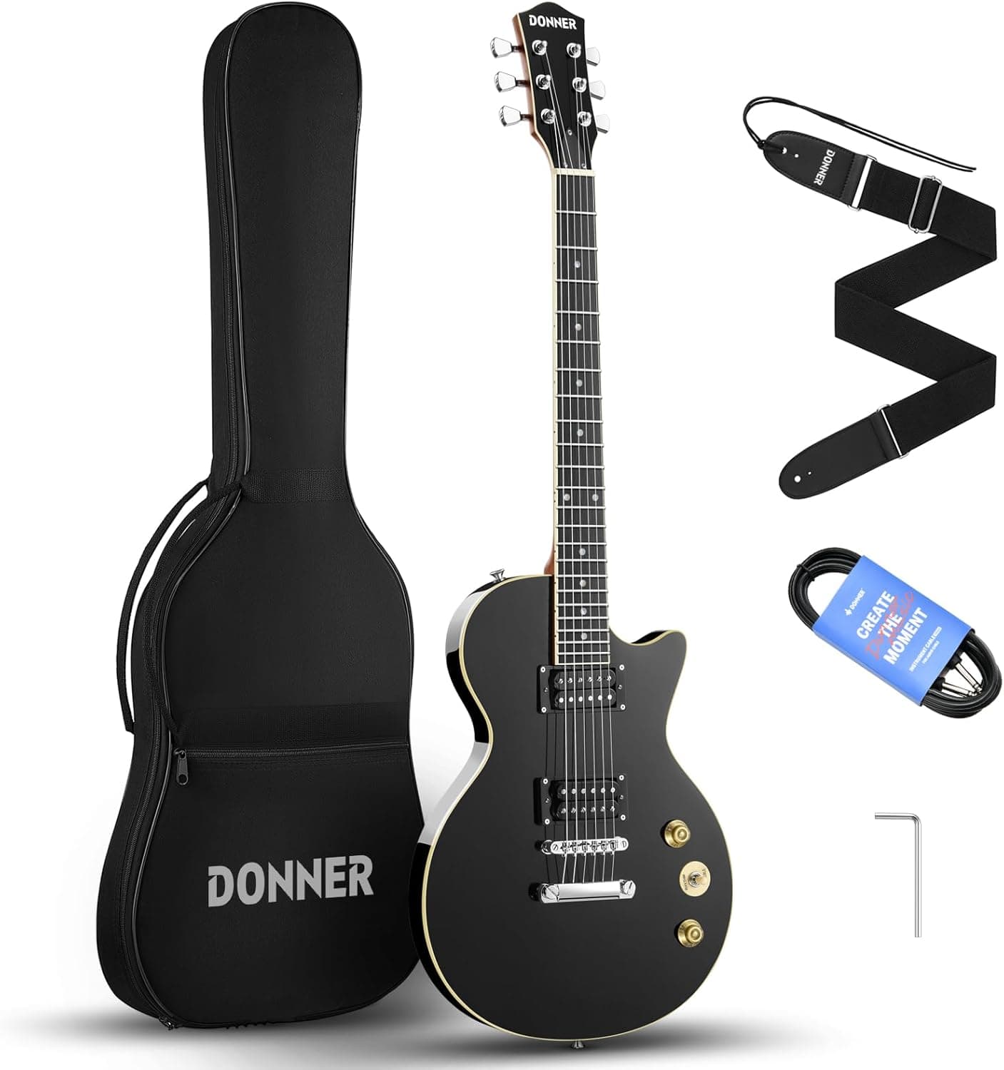 Donner Kit de guitarra elétrica LP tamanho completo com bolsa, correia, cabo (preto, DLP-124B)