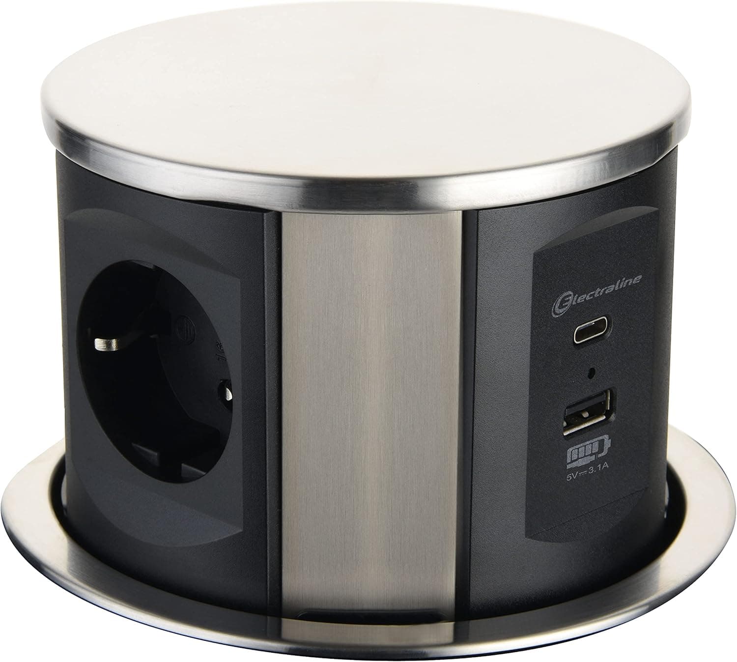 Electraline 62571 | Tomada múltipla circular de encastrar com 3 tomadas Schuko e 2 portas USB tipo A e C
