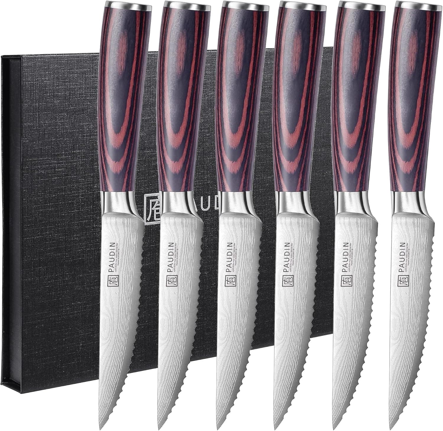 PAUDIN Conjunto de 6 facas de carne em aço inoxidável alemão, lâmina dentada ultra afiada e cabo ergonómico de madeira, facas de mesa com estojo de presente