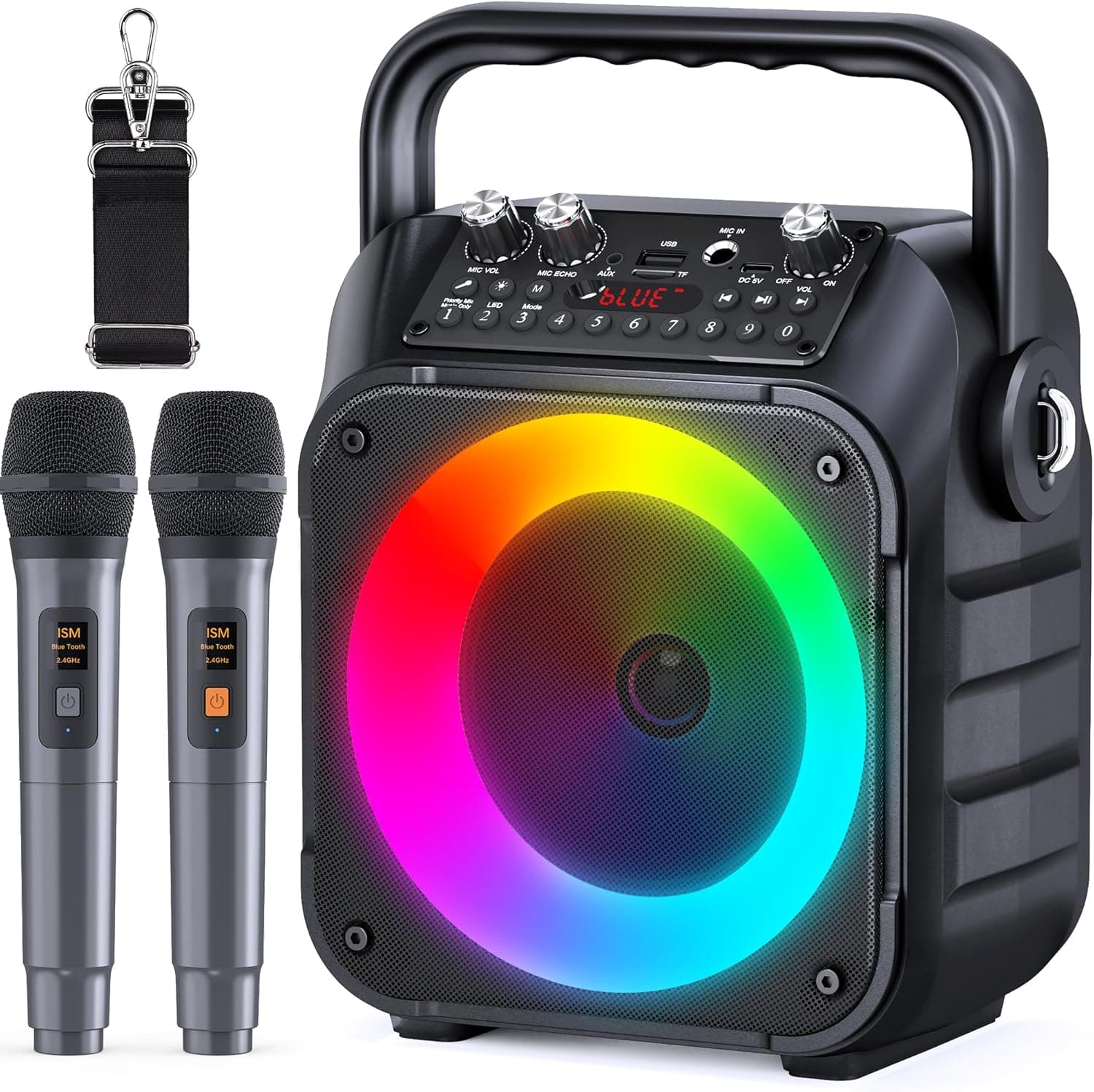 Singingmate Máquina de karaokê, altifalante Bluetooth portátil para adultos com 2 microfones sem fio, sistema PA para adultos e crianças com luzes LED para festas (preto)