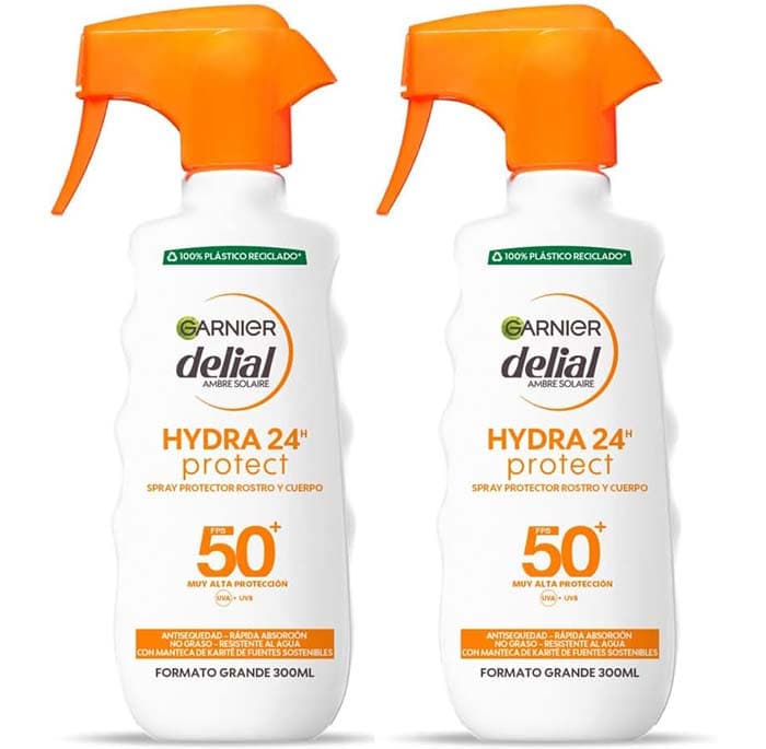 Delial Spray Protetor SPF 50 e HYDRA 24 proteção resistente à água, fórmula hidratante sem gordura com manteiga de carité de fontes sustentáveis, para uma pele protegida, hidratante e suave, 300 ml x 2