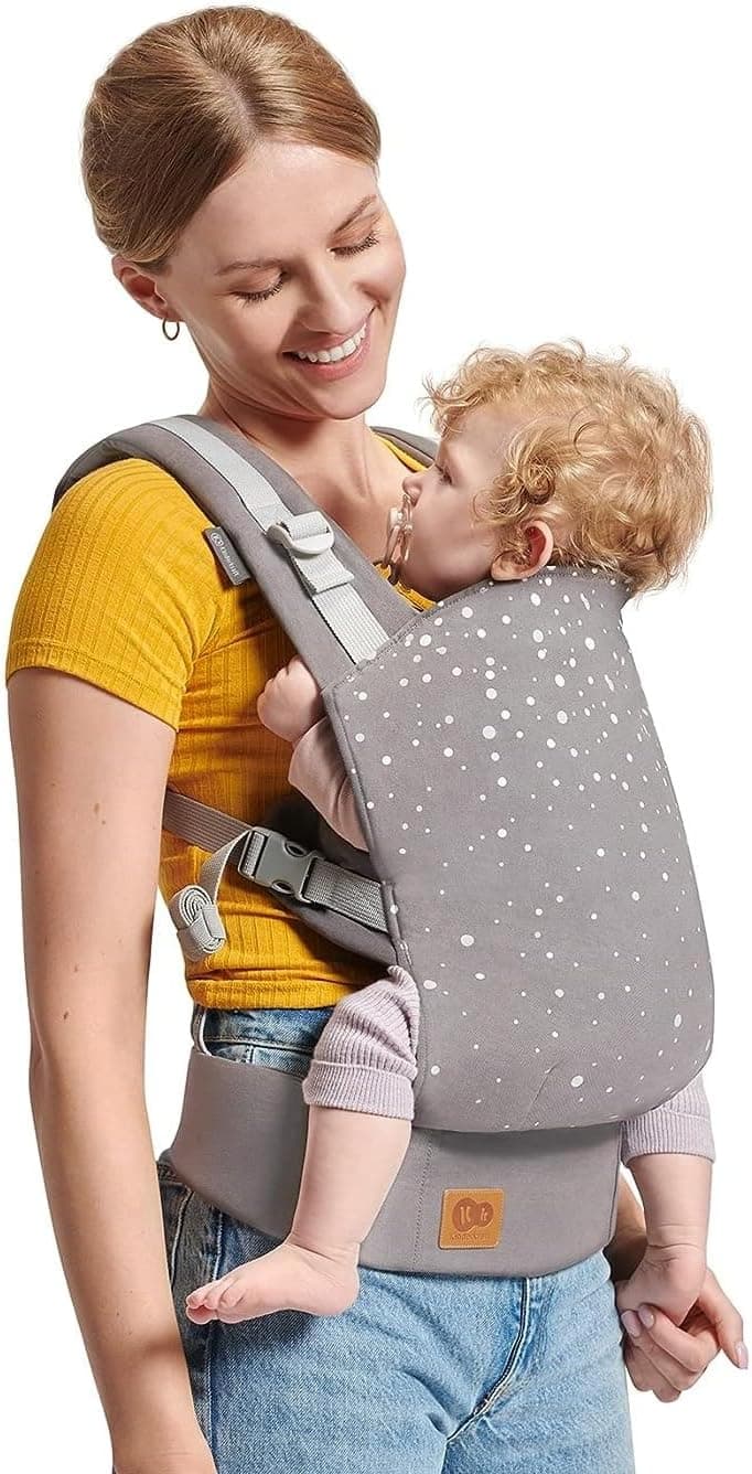 kk Kinderkraft NINO CONFETTI Mochila porta-bebés, porta-bebés ergonómico de 3 mesi a 20 kg, posição dorsal e ventral, bolso, algodão puro, postura segura, assento ajustável, cinzento