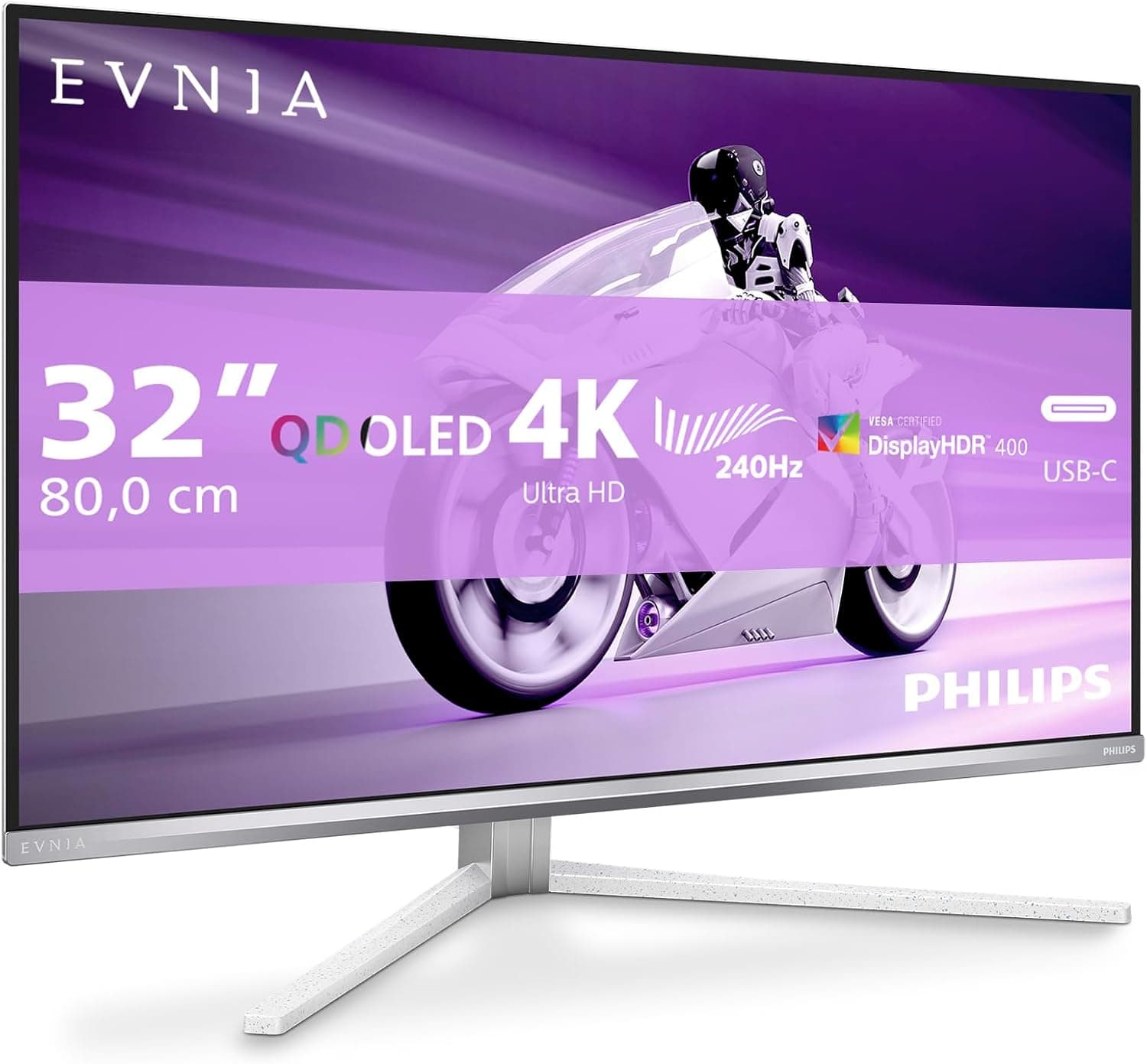 Philips Evnia 32M2N8900 Monitor de jogos OLED UHD de 32 polegadas, 240 Hz, 0,03 ms, HDR400, FreeSync Prem. Pro, G-Sync. (3840 x 2160, 2X HDMI 2.1, 1 x DP 1.4, 1 x USB-C (65 W PD), hub USB) branco