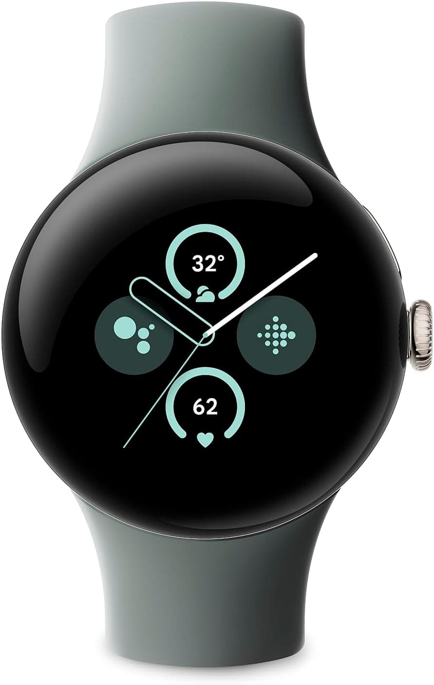 Google Pixel Watch 2 com Fitbit e Google Controlo da frequência cardíaca, gestão do stress e segurança. Smartwatch Android - caixa de alumínio em tom prateado correia desportiva em verde líquen Wi-Fi