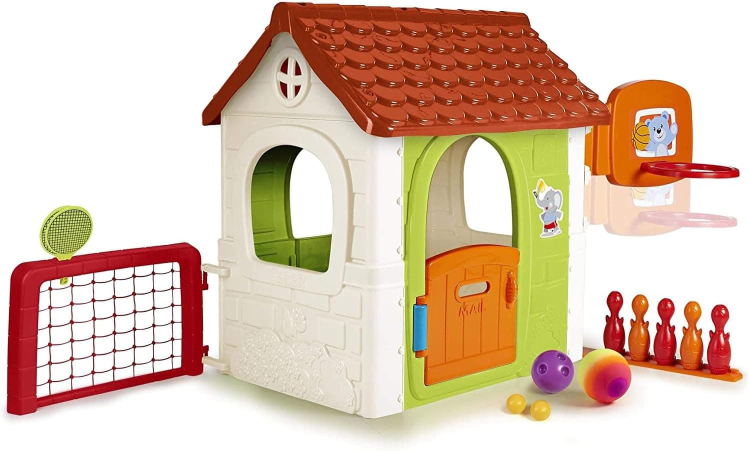 FEBER - Multi-Activity House 6 em 1, casa infantil com bolos, raquetes, jogos de bola, futebol, basquetebol, alvo de velcro, jogos de imitação, a partir de 3 anos, famosa (FEH15000), versão atual