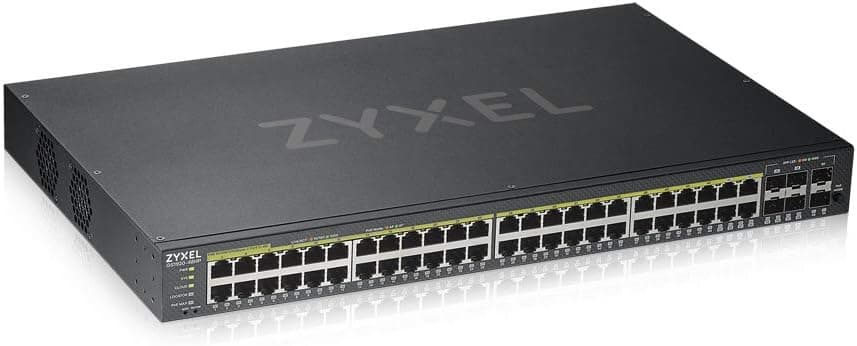 Zyxel Nebula Switch PoE inteligente de 48 portas Ethernet Gigabit com 375 watts, 4 portas Gigabit combo e 2 portas SFP e modo de nuvem híbrido, garantia vitalícia [GS1920-48HPv2]