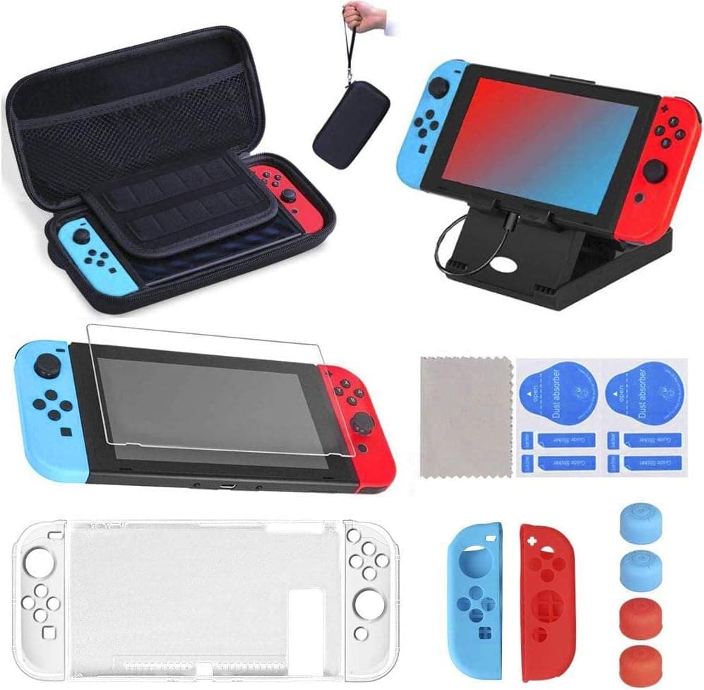 Kit de acessórios 17 em 1 para Nintendo Switch, capa para Nintendo Switch com 10 cartuchos de jogos | 2 protetor de ecrã | Estojo em silicone e plástico | Capas para joysticks | Suporte ajustável