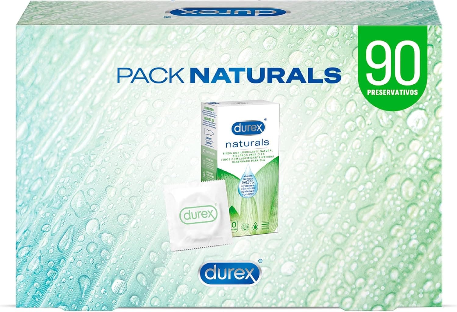 Durex Naturals Preservativos com lubrificante natural de base de água, fórmula suave, pack de 90 preservativos