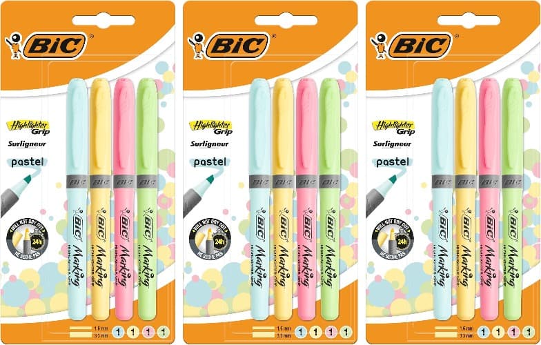 BIC Highlighter Grip Pastel | Marcadores fluorescentes com grip ergonómico em 4 cores pastel