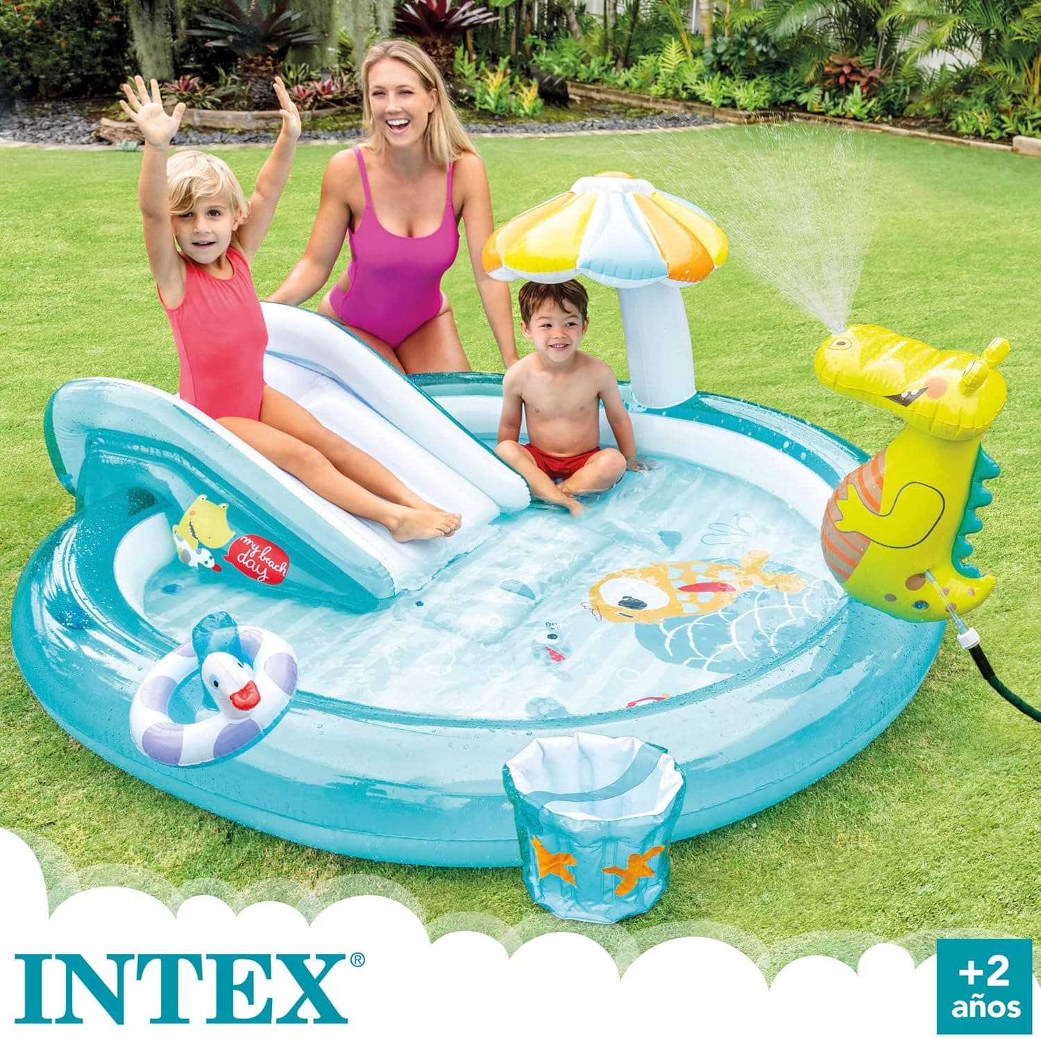 Intex 57129NP Piscina insuflável com escorrega e pulverizador, 203 x 173 x 89 cm