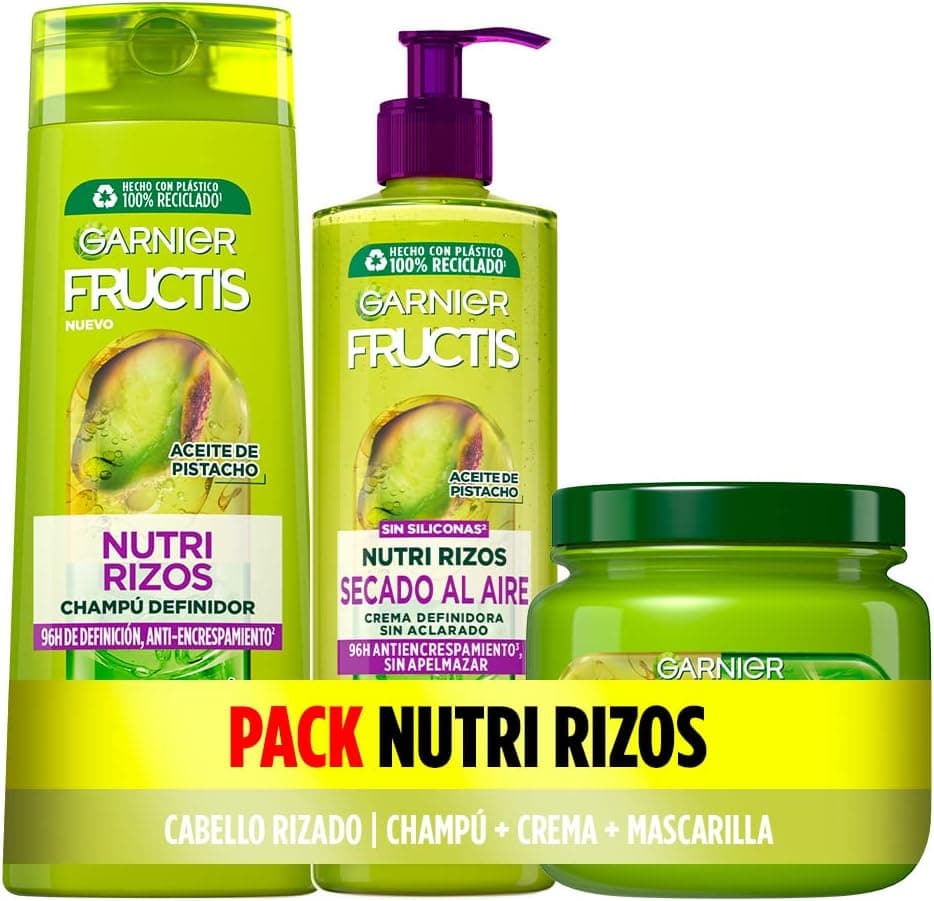 GARNIER Fructis, pack champô, máscara e creme sem enxaguar para cabelos encaracolados ou ondulados, com óleo de pistácio e petina de fruta, conjunto de 3 produtos