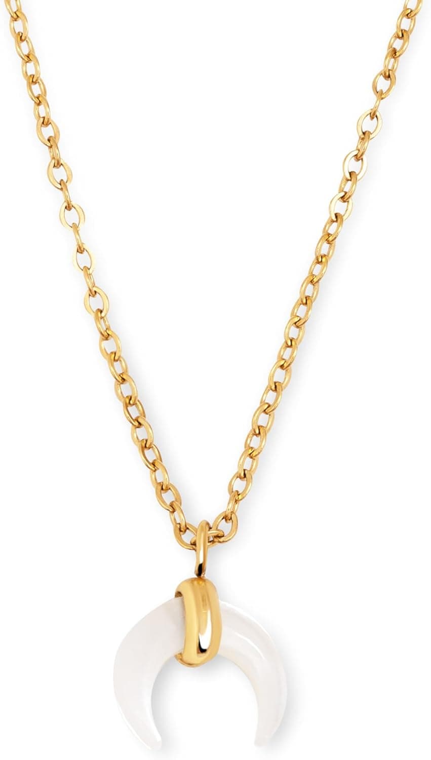 SINGULARU Mini Moonset | Colar em aço com banho de ouro 18kt e pendente meia-lua em madrepérola 45 cm para mulher