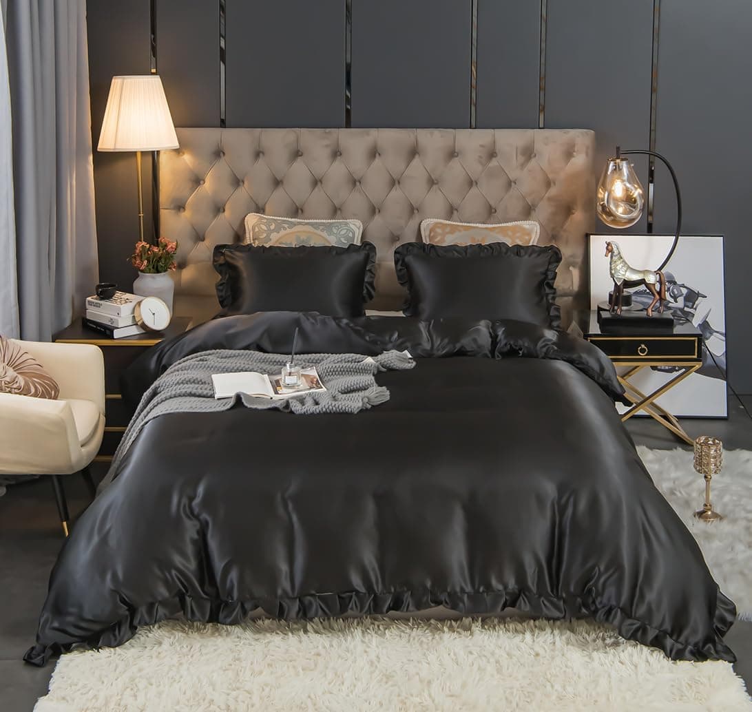 Koudi | Conjunto de cama em cetim preto brilhante com 1 capa de edredão 220 x 240 cm e 2 fronhas 80 x 80 cm