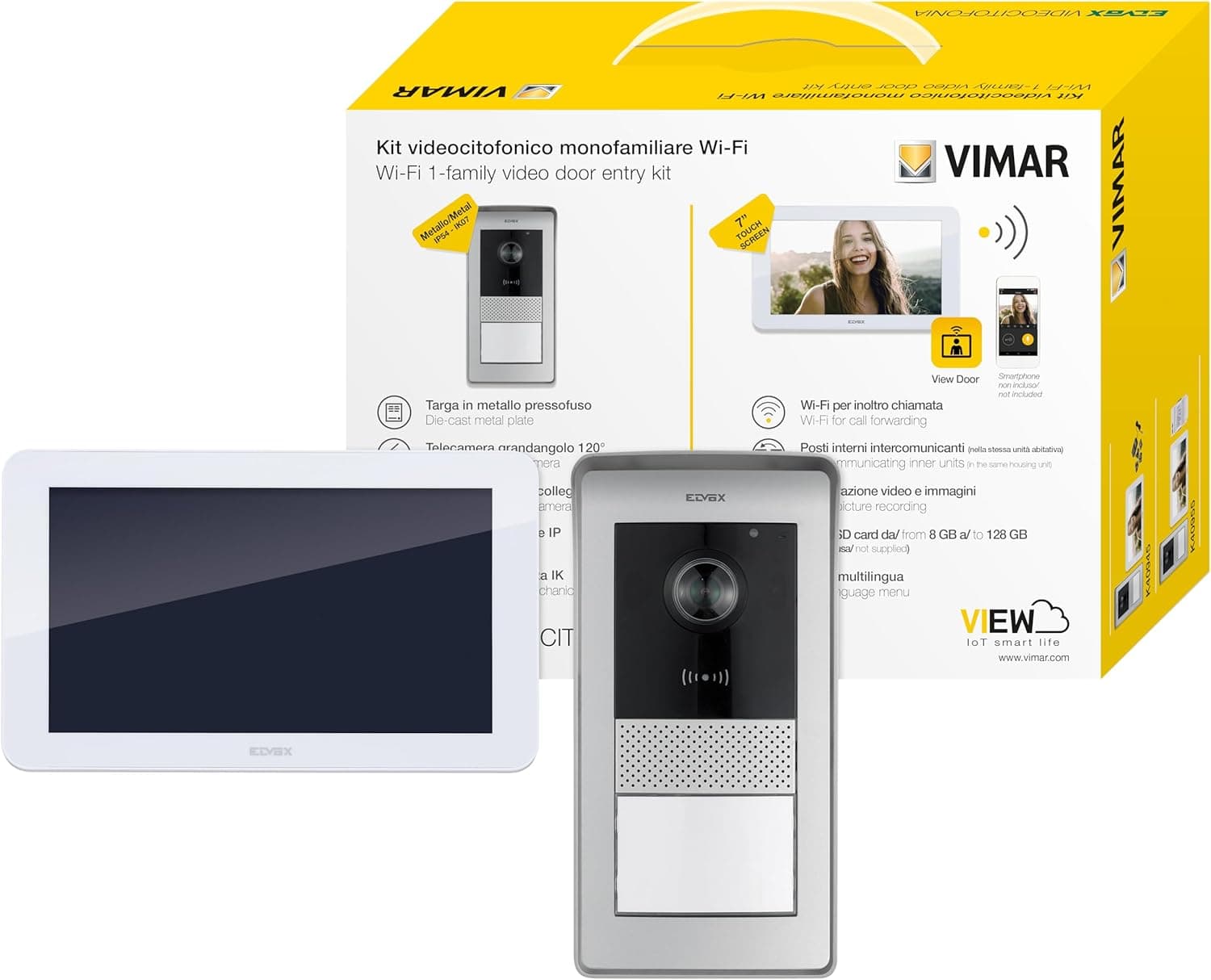 Vimar K42945 Kit de videoporteiro inteligente com videoporteiro Wi-Fi com ecrã tátil, placa de áudio/vídeo, alimentador com pinos intercambiáveis padrão EU, BS, US, AU, suportes de montagem