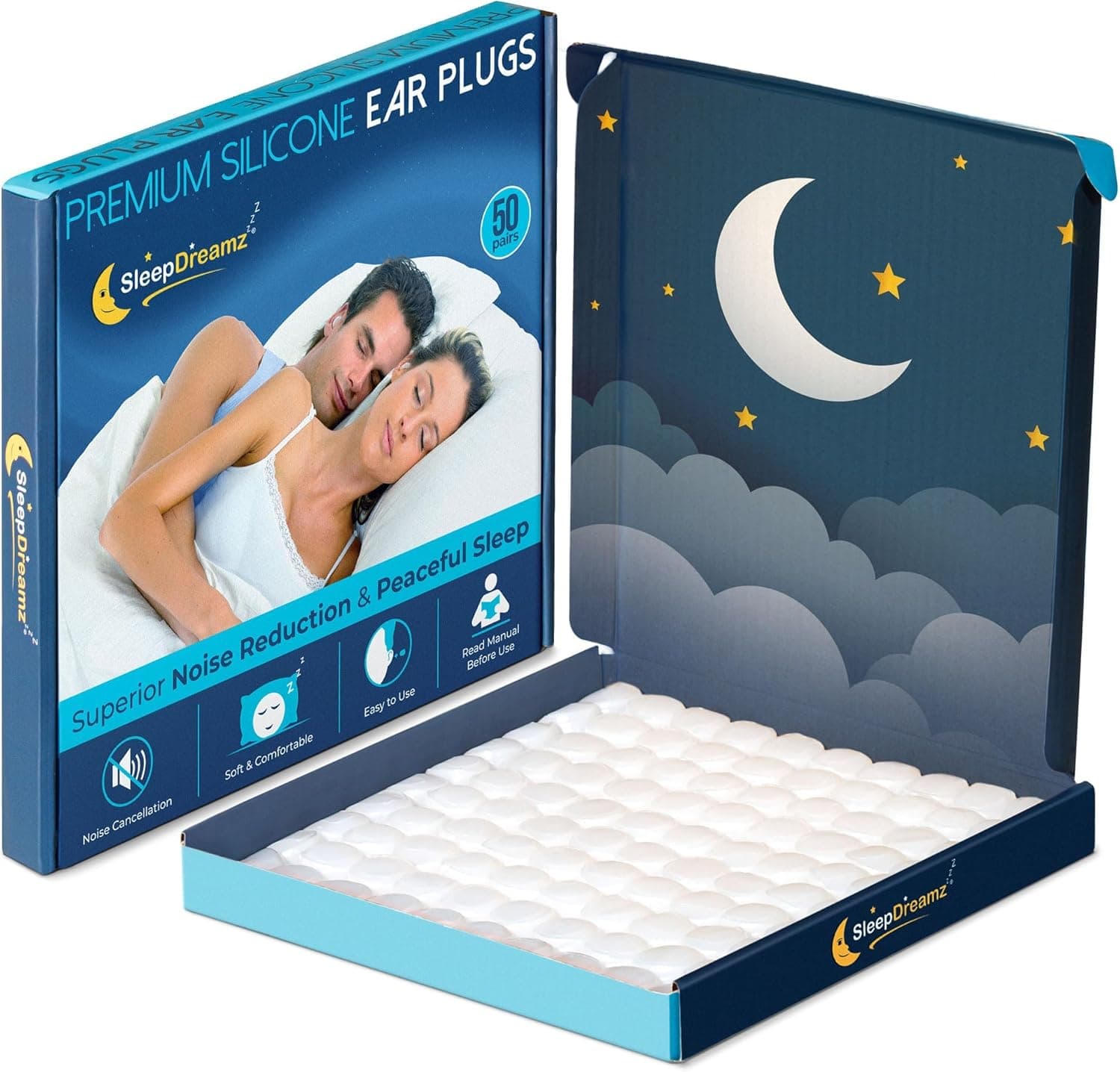 Tampões para os ouvidos premium para dormir (50 pares, brancos) - tampões para os ouvidos de silicone suave com cancelamento de ruído para um sono tranquilo e ininterrupto da SleepDreamz