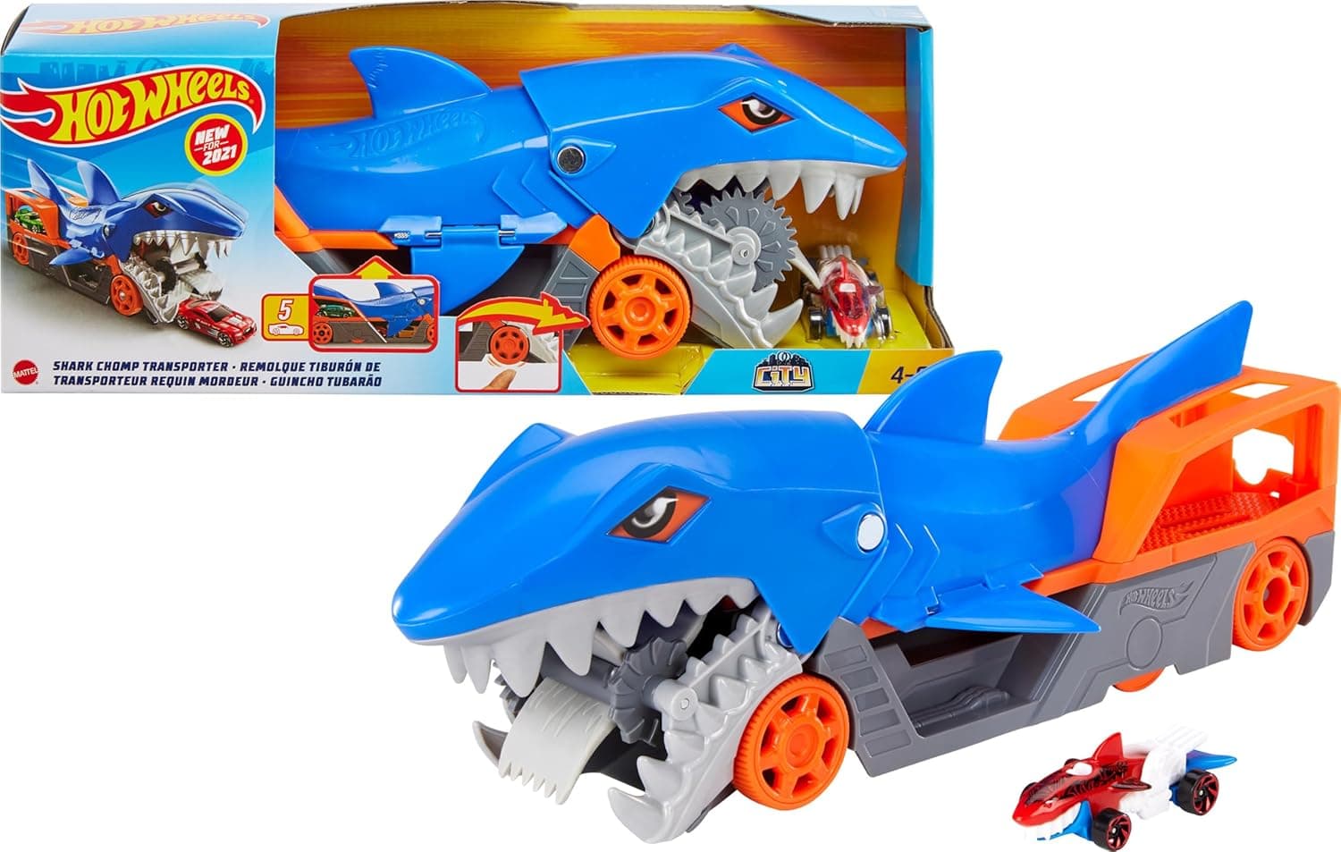 Hot Wheels Tubarão mastigado carros, armazena e transporta até 5 carros de brinquedo Die-Casts (Mattel GVG36)