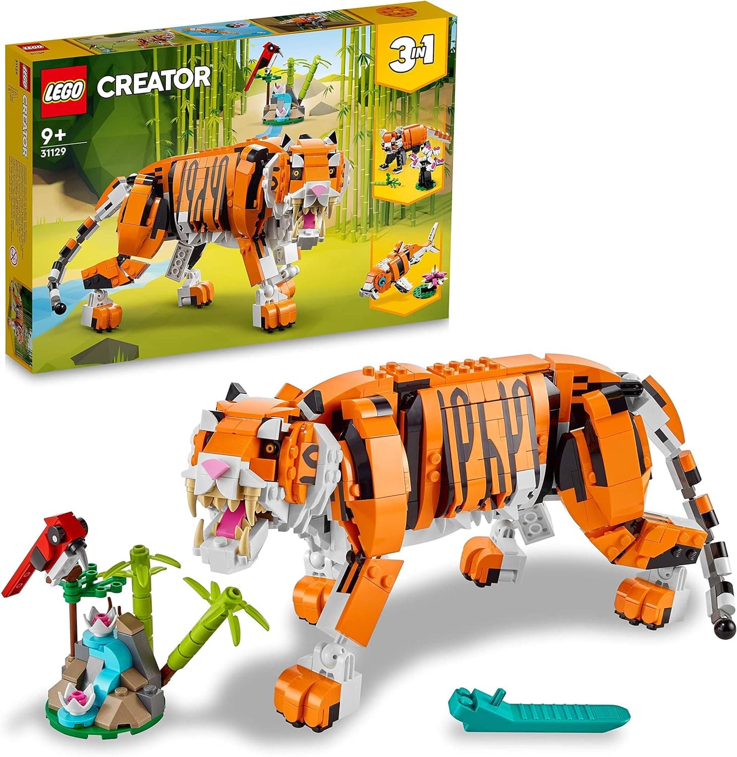 LEGO Creator 3 em 1 tigre majestoso, panda vermelho ou peixes tenda, conjunto de animais de brinquedo para construir para meninos e meninas de 9 anos, jogo criativo, ideia de presente de aniversário