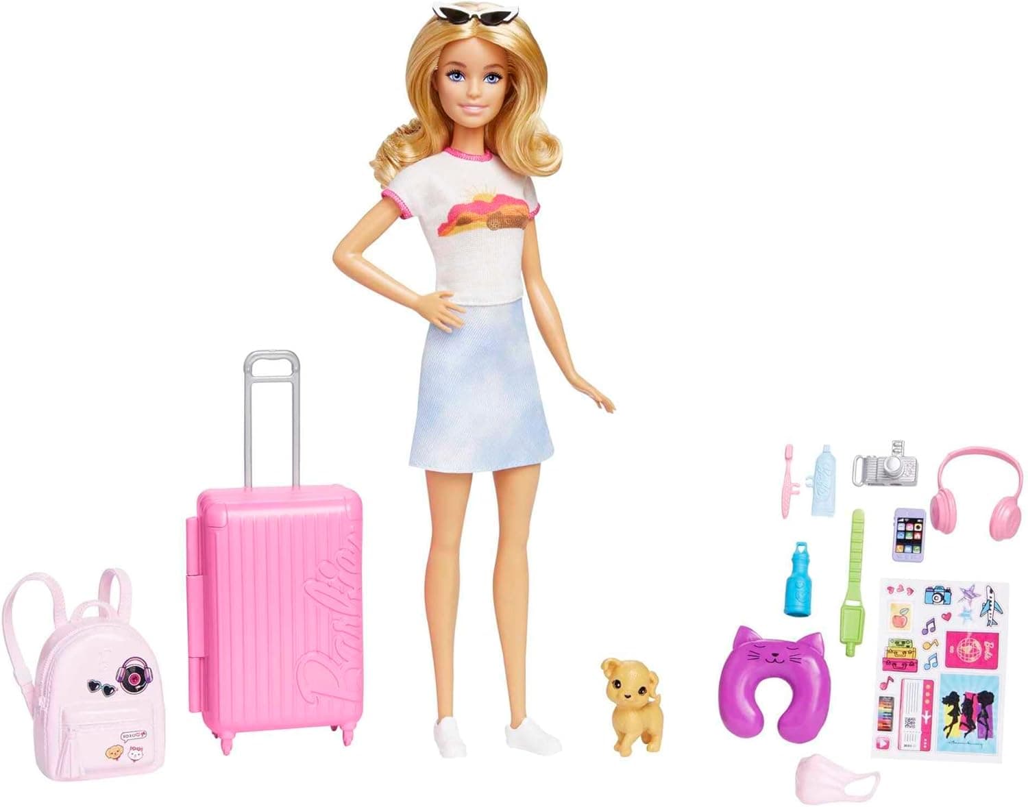 Barbie Vamos sair de viagem Malibu 2.0 boneca loira com mala, cãozinho animal de estimação, autocolantes e acessórios de viagem, brinquedo de presente + 3 anos (Mattel HJY18)