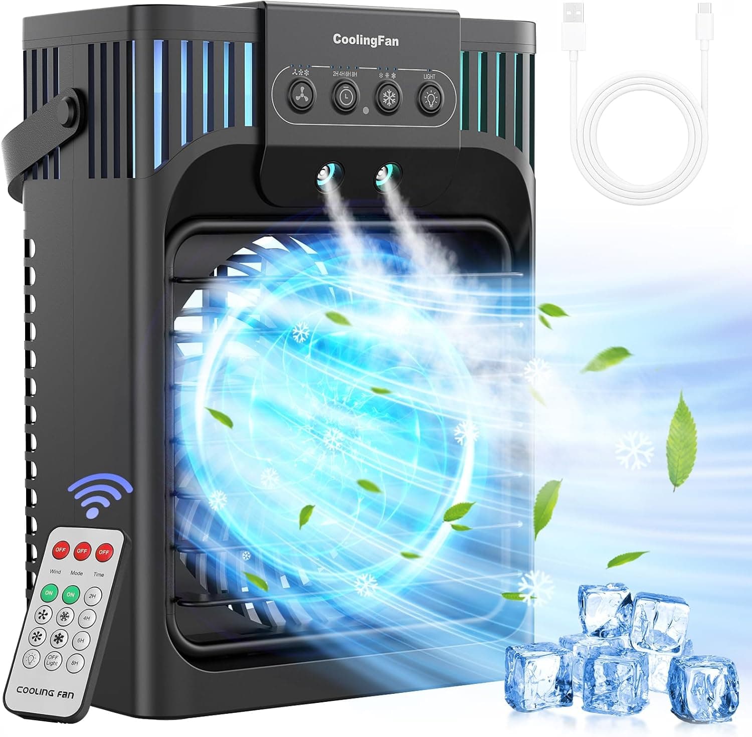 FethFire Ar condicionado portátil silencioso, 1200 ml refrigerador de ar com comando, 3 velocidades, 3 modos, 2-8H Timer, 7 LEDs, 10 W condicionador portátil a vapor, para quartos, quarto, escritório