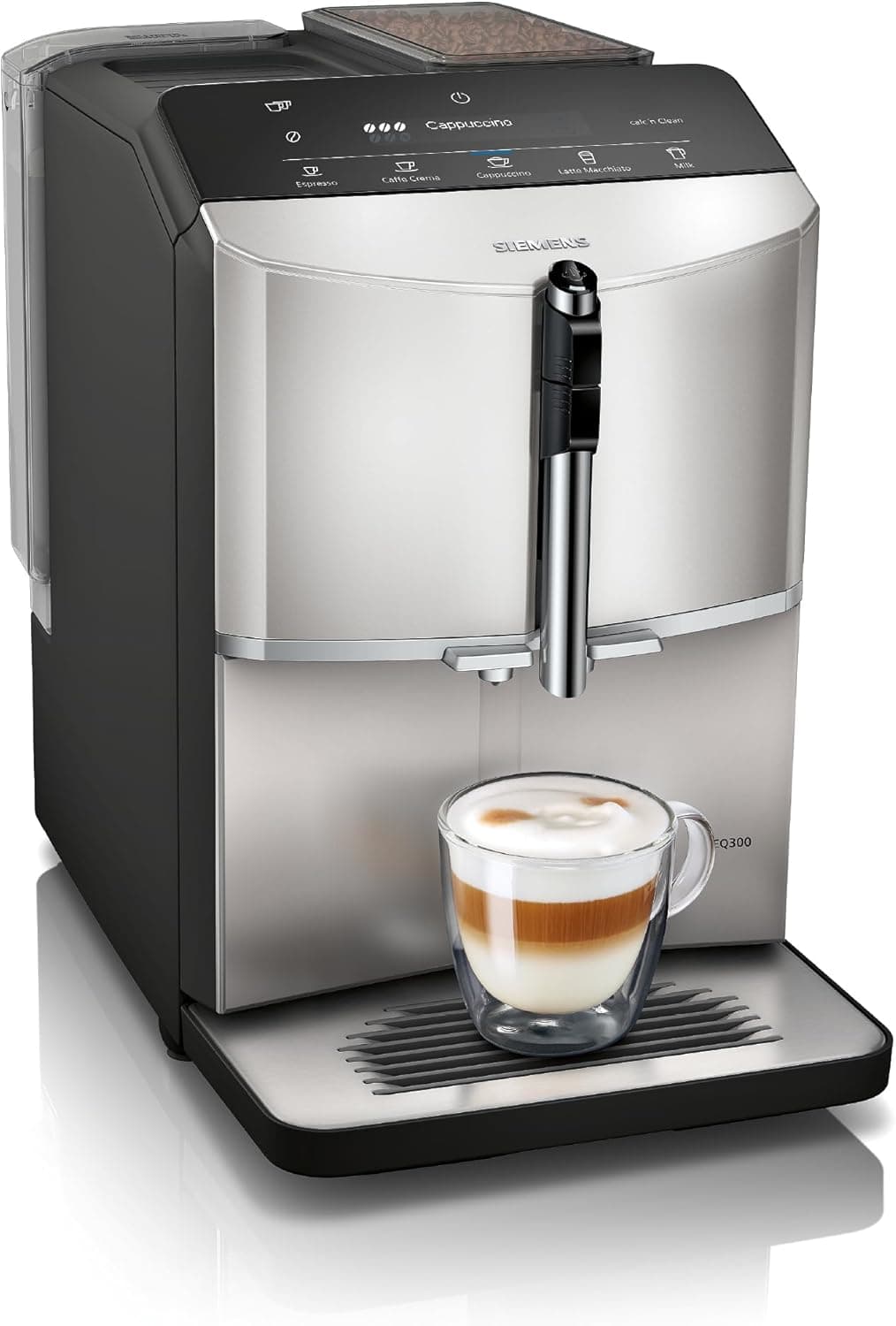 SIEMENS - Cafeteira super automática, EQ300, ceramDrive, millkPerfect, função oneTouch, aço, TF303E07