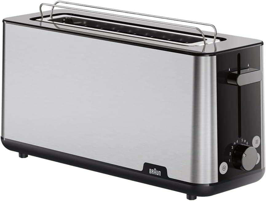 Braun PurShine HT1610BK, Torradeira com ranhura extra longa e 8 níveis de torradagem, funções de aquecimento e descongelar, bandeja para migas, ranhura de 25 cm, potência de 1030 W, cor preta