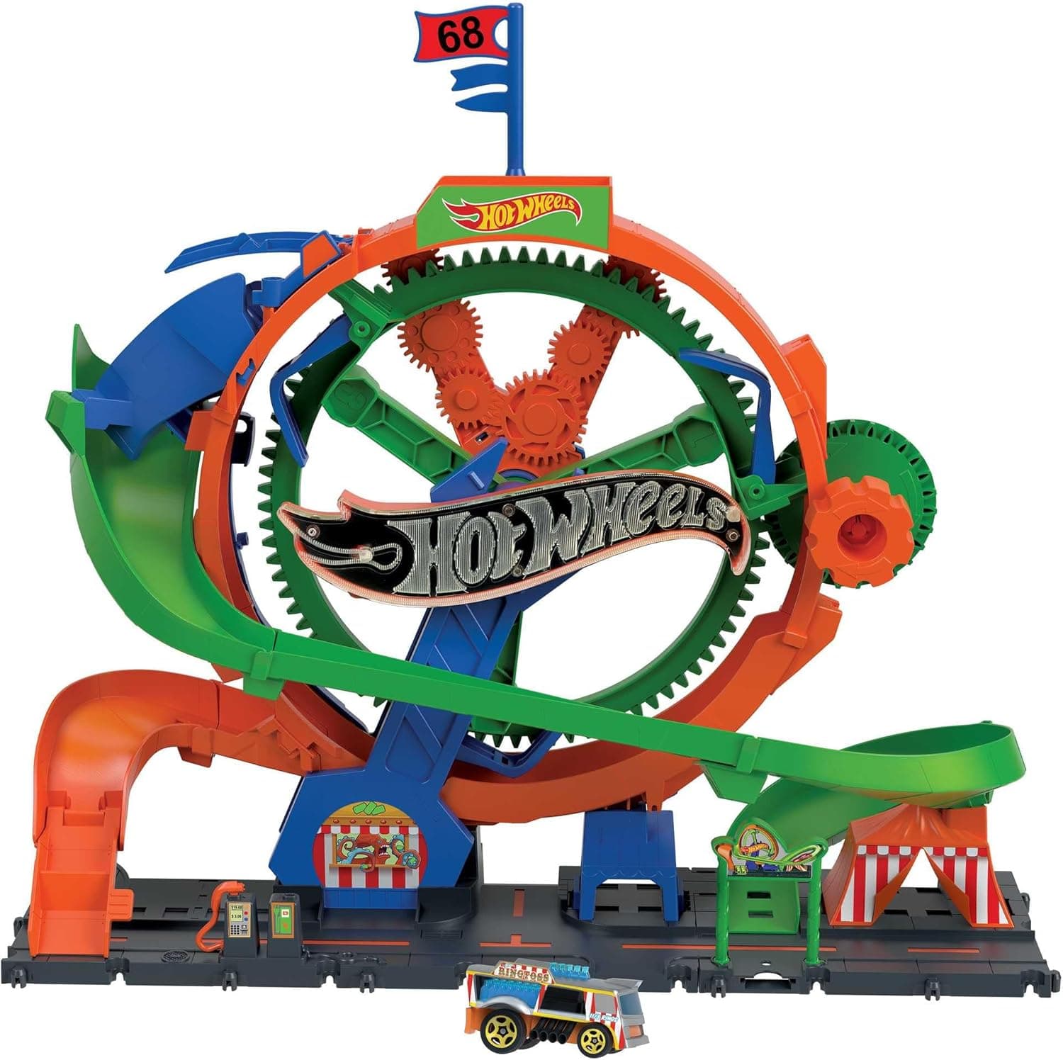 Hot Wheels City Roda da sorte Whirl, pista para carros de brinquedo com roda gigante com luzes e sons, inclui 1 veículo die-cast em escala 1:64, presente para meninos e meninas +5 anos, HKX46