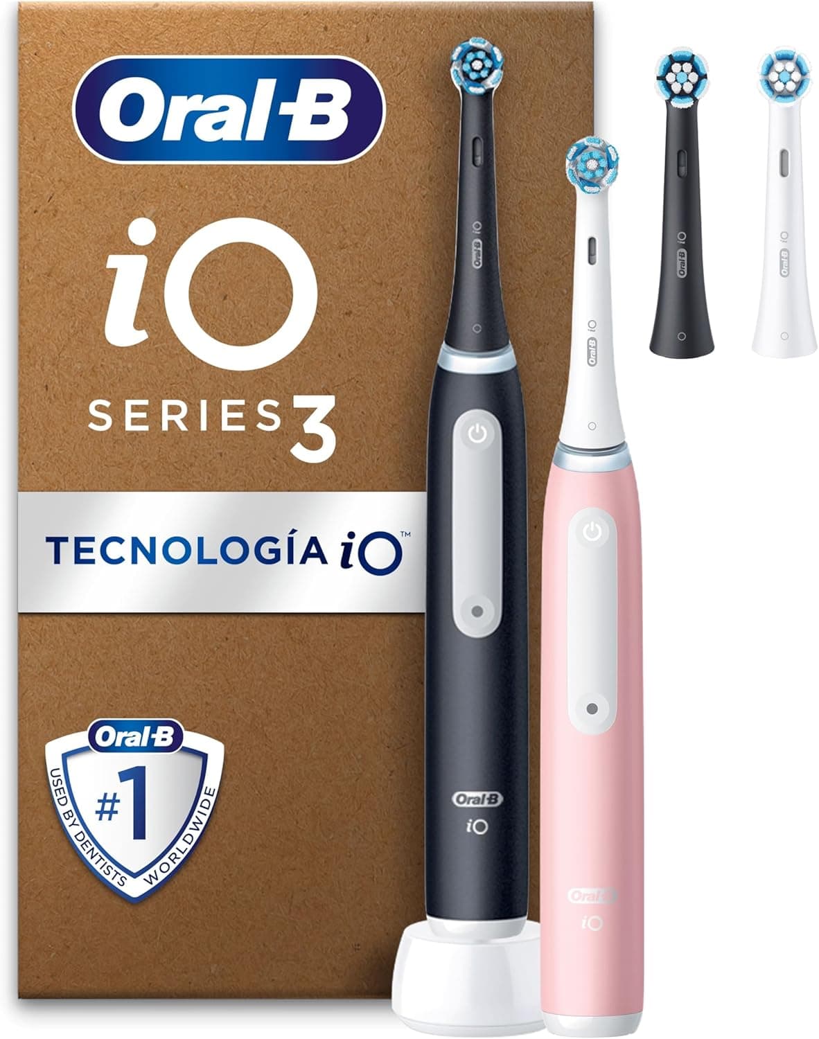 Oral-B iO 3 Escova de dentes elétrica Duo preta e rosa, com 3 cabeças, desenhada por Braun