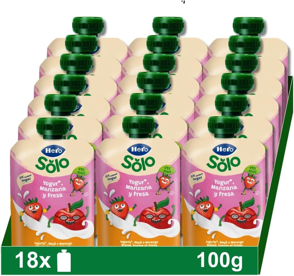 Hero - Sacos de iogurte com morango e maçã, sem conservantes nem corantes, óleo de palma, glúten, nem açúcares adicionados, para bebés a partir dos 12 meses, pack de 18 x 100 g