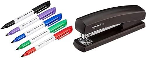 Amazon Basics - Marcadores permanentes multicoloridos, pack de 12 agrafador com capacidade 1000 grampos, cor preta