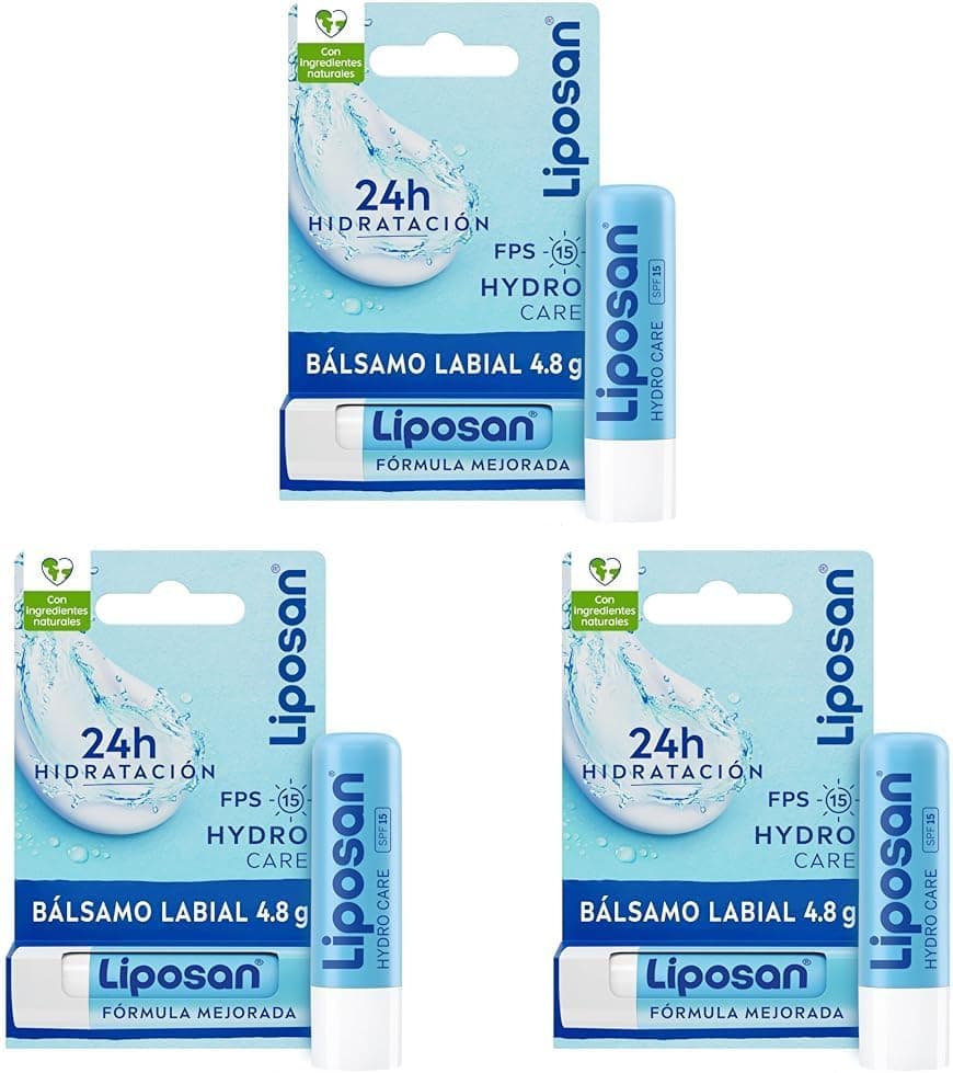 Liposan Hydro Care FPS 15 (1 x 4,8 g), cacau labial com 24 horas de hidratação, bálsamo labial com proteção solar, bálsamo hidratante para lábios bonitos e macios (embalagem de 3)