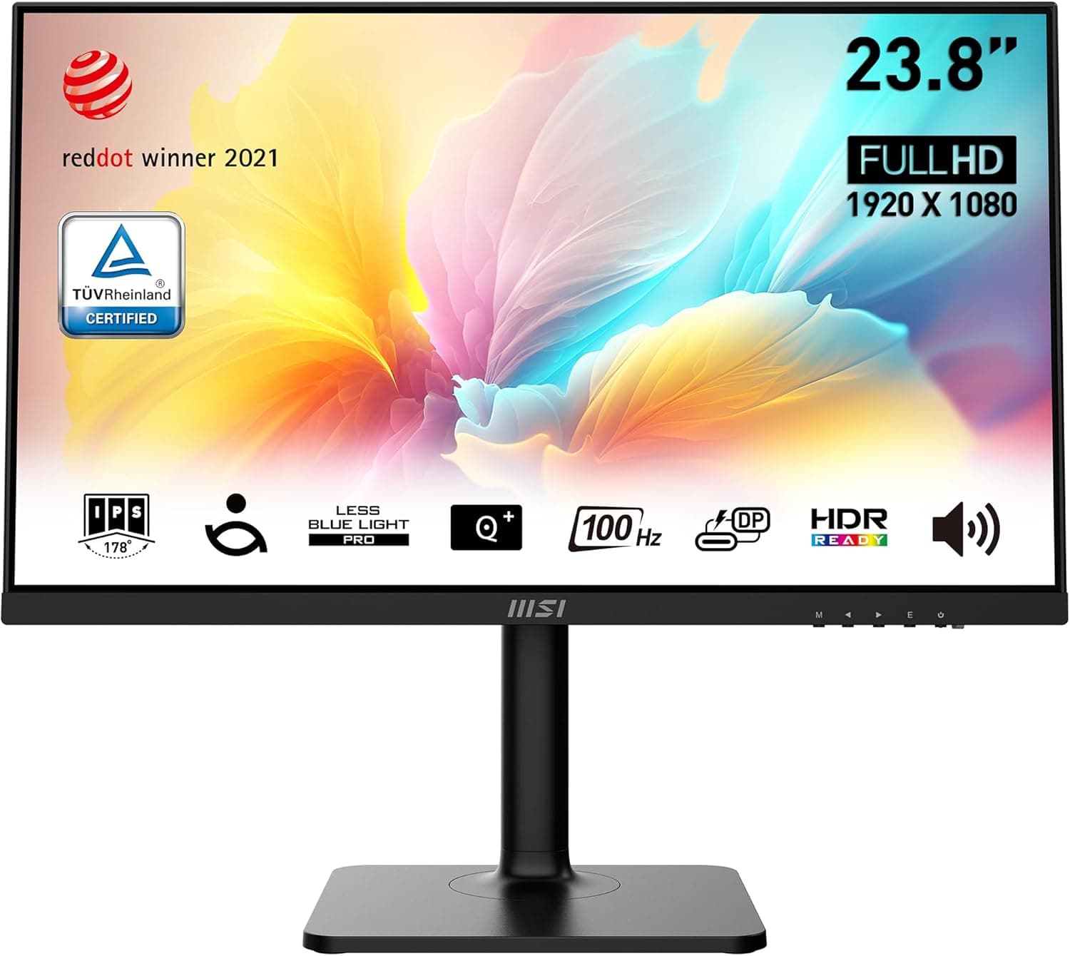 MSI Modern MD2412P Monitor de escritório FHD 24", IPS 1920 x 1080, 75 Hz, ecrã de cuidados com a visão, HDR preparado, altifalantes, suporte ajustável em 4 direções, KVM, DP 1,2a, HDMI 1.4b, USB