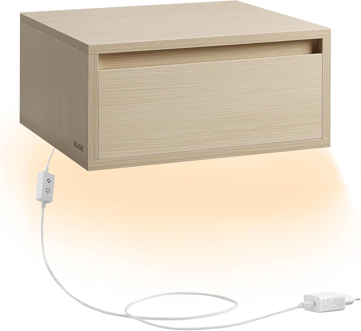 VASAGLE Mesinha de cabeceira pendente, luz com 3 ecrãs, prateleira de parede com gaveta, 35 x 40 x 18 cm, estilo moderno, sala de estar, quarto, bege natural LET654N01