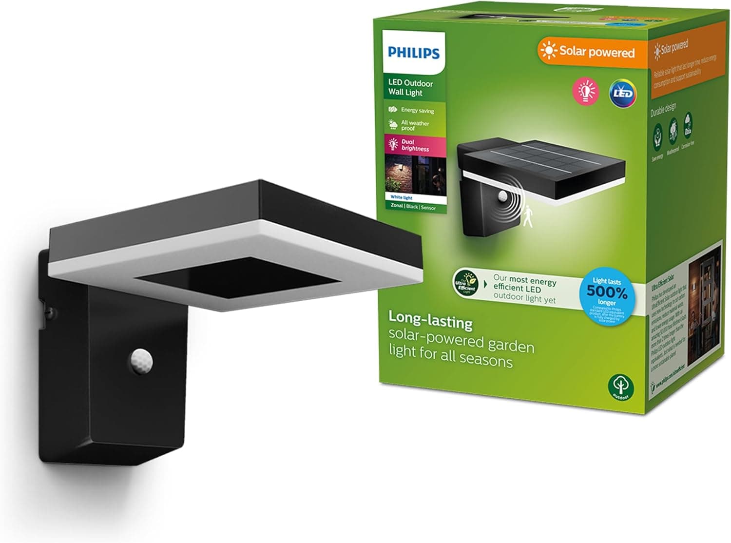 Philips Lighting - aplique parede exterior ultra eficiente zonal, alimentação solar, formato quadrado, 1,3 W, 3000 K, preto, sensor de movimento, resistente às intempéries IP44