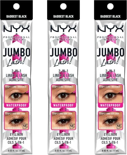 NYX Professional Makeup 2 - em 1 Delineador e adesivo para pestanas Jumbo Lashes Liner, longa duração, resistente à água, aplicador de feltro, Baddest Black