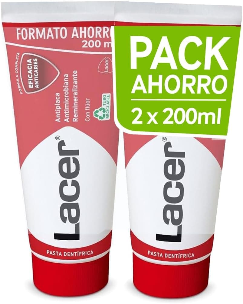 LACER - Pasta de dentes pacote de 2 x 200 ml, evita a cárie, mantém a boca saudável, alto conteúdo em fluor, evita a formação da placa dentária, fortalece o esmalte, ação antimicrobiana